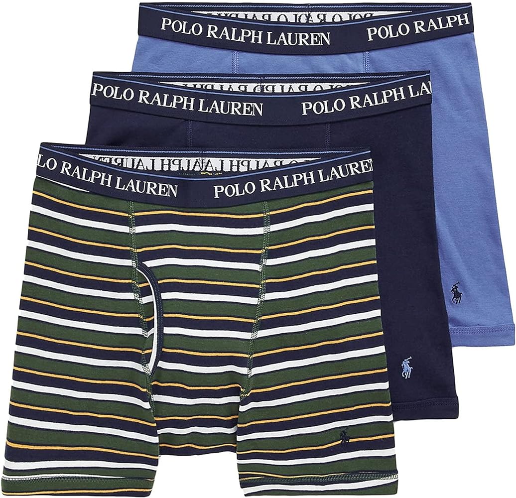 POLO RALPH LAUREN Classic Fit w/Wicking 3-Pack Boxer Briefs, Green Stripe/Deep Blue/Cruise Navy XL