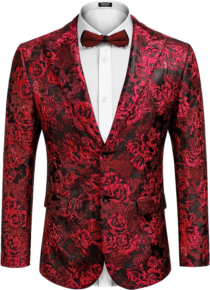 COOFANDY Men's Floral Tuxedo Jacket Rose Embroidered Suit Jacket Wedding Prom Dinner Party Blazer