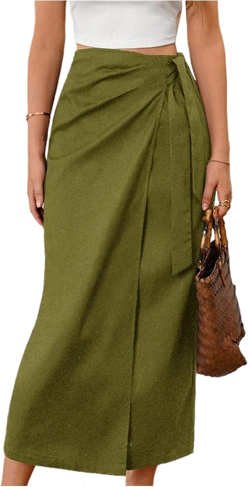 Women's Tie Bow Knot Front Maxi Skirt Elegant High Waist Wrap Bodycon Skirt Elastic Waist Ruched Skirt