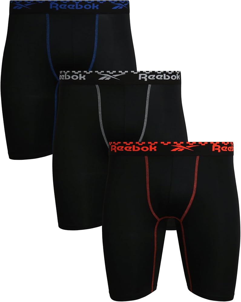 Reebok Men's Boxer Briefs - 3 Pack Performance Compression Underwear for Men - Soft Stretch Mens Long Leg Boxer Briefs (S-XL)