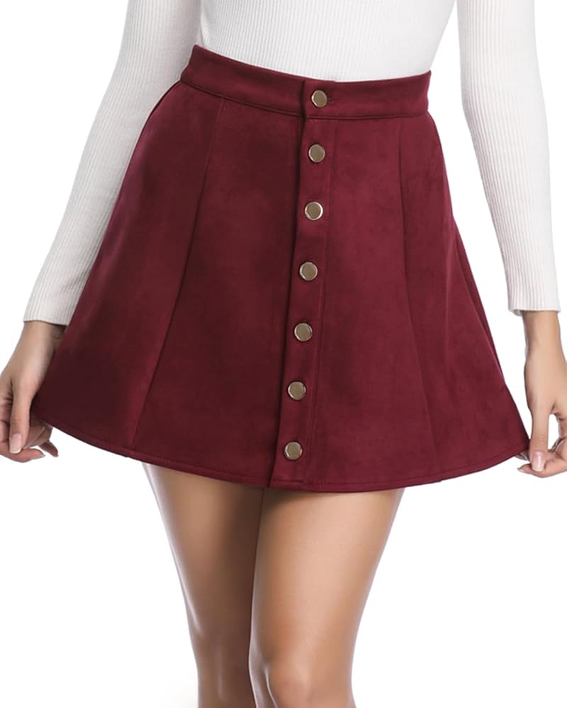 Fuinloth Women's Faux Suede Skirt Button Closure A-Line High Wasit Mini Short Skirt