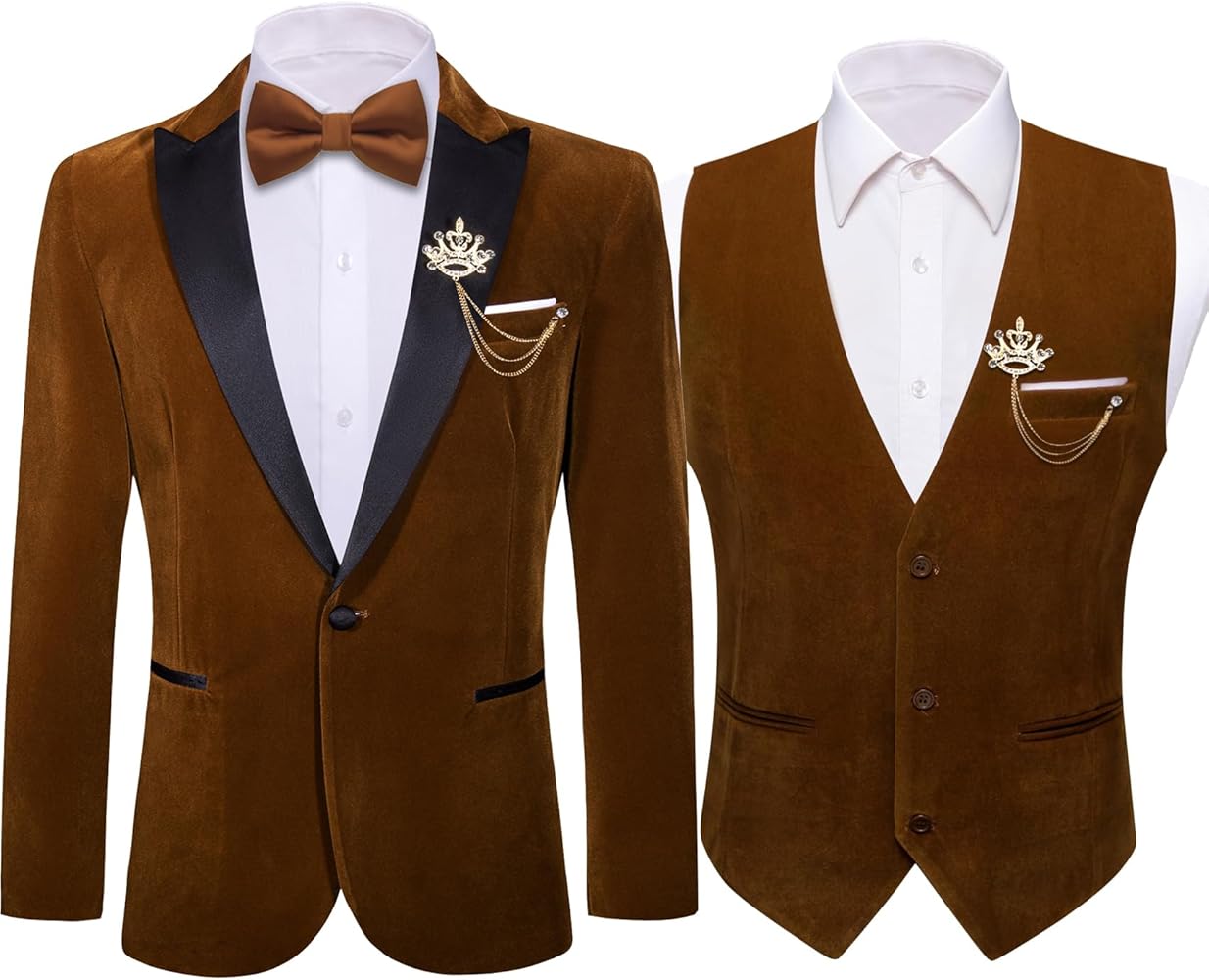 Barry.Wang Men's Velvet Suit Vest Blazer Brown Sport Coat Brooch Waistcoat Tuxedo Set for Prom Wedding Party Dinner Lightweight L