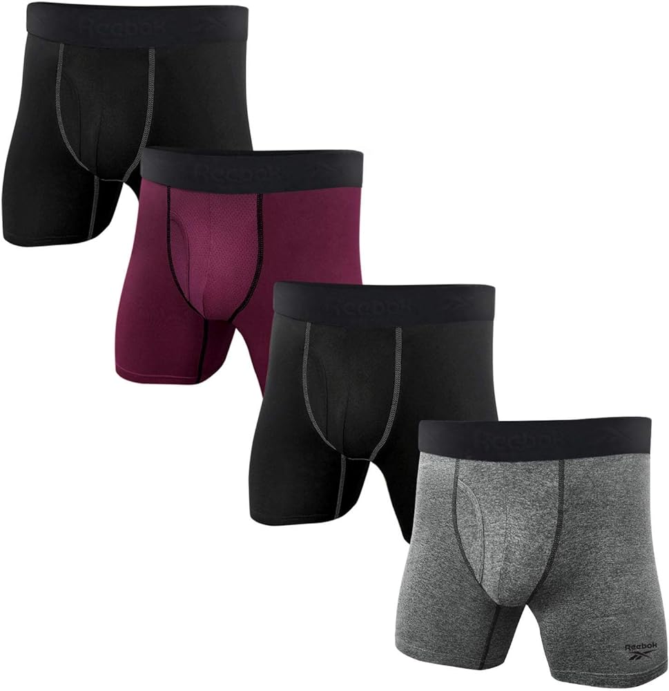Reebok Mens 4 Pack Performance Boxer Briefs with Comfort Pouch - Black/Fig/Grey/HTR X-Large