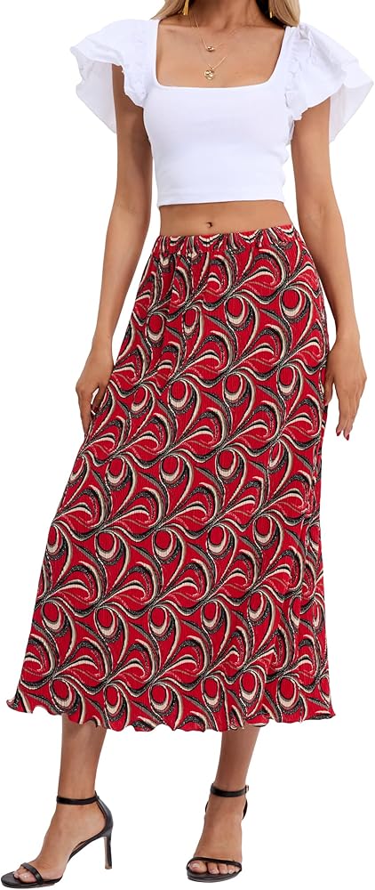 DJT Women's Pull On Elastic Waist Pleated A-line Chiffon Skirts Ruffle Hem Midi Skirt
