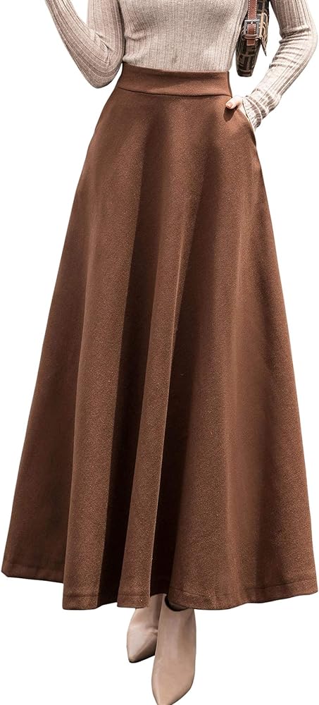 chouyatou Women's Fall Winter A-Line Swing Pleated Long Maxi Wool Skater Skirt