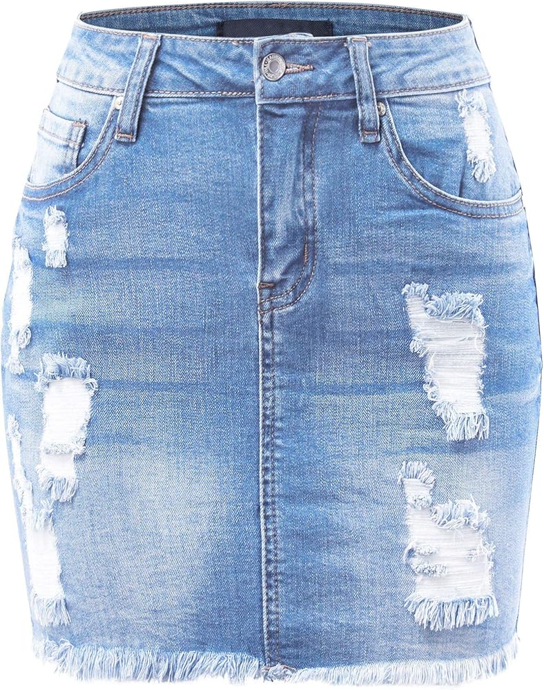 FashionMille Women Popular Mid Waisted Stretch Comfy Denim Mini Skirt w Pockets