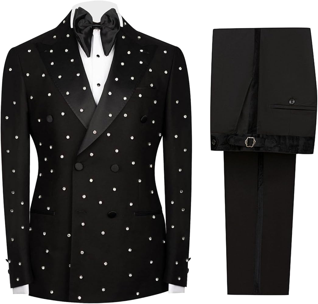 Mens 2 Pieces Suit Slim Fit Double Breasted Tuxedo Blazers Pants Outfit with Handmade Crystal Rhinestone