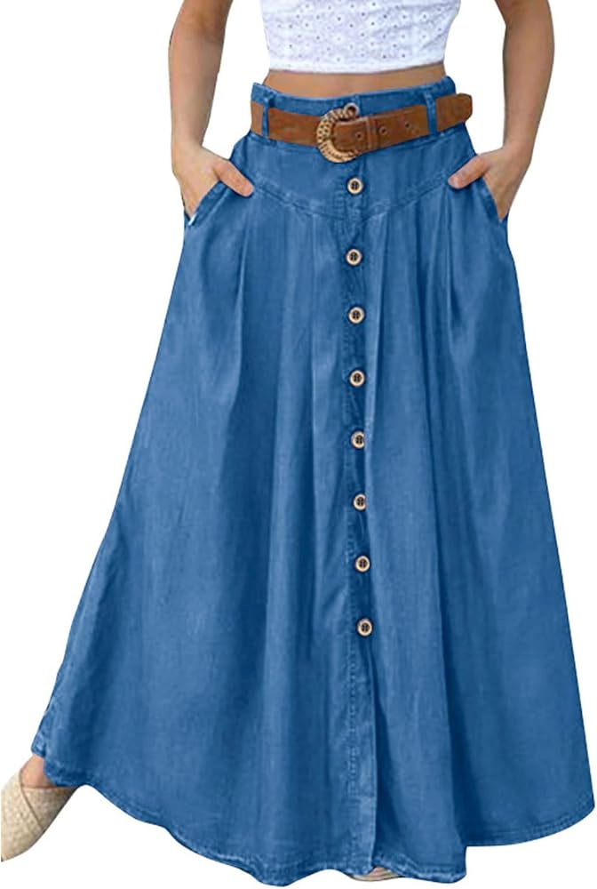 Plus Size Skirts for Women Solid Button A-Line Maxi Skirts with Pockets,S-5XL