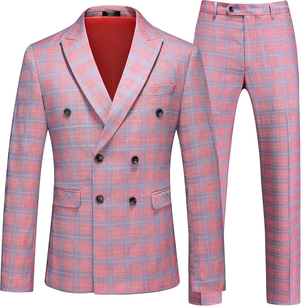 Men's Plaid Tuxedo Suit - Double Breasted 2-Piece Checkered Set with Suit Jacket and Pants for Prom and Wedding