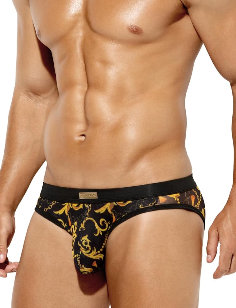 Arjen Kroos Men's Sexy Underwear See-through Sheer Printed Briefs Mesh Pouch Lingerie Tagless Underpants