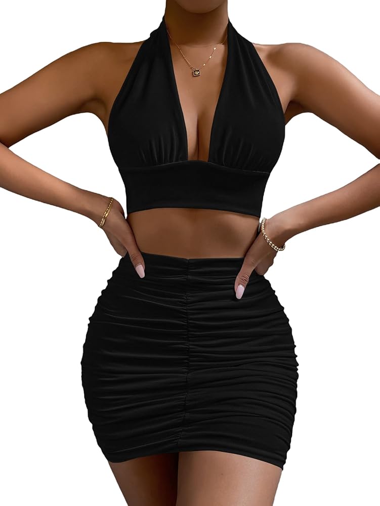 Verdusa Women's 2 Piece Outfit Tied Backless Halter Top and Ruched Bodycon Skirt Set
