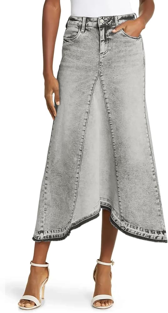 Fisoew Womens Denim Maxi Skirt Casual High Waist A-Line Frayed Irregular Hem Long Jean Skirt