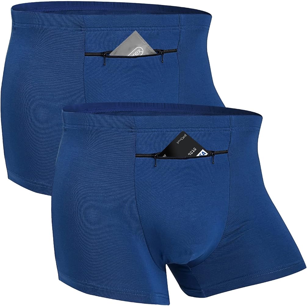 2 Packs Men's Pocket Underwear with a Secret Front Stash Pocket/Pickpocket Proof Travel Boxer Briefs (Blue)