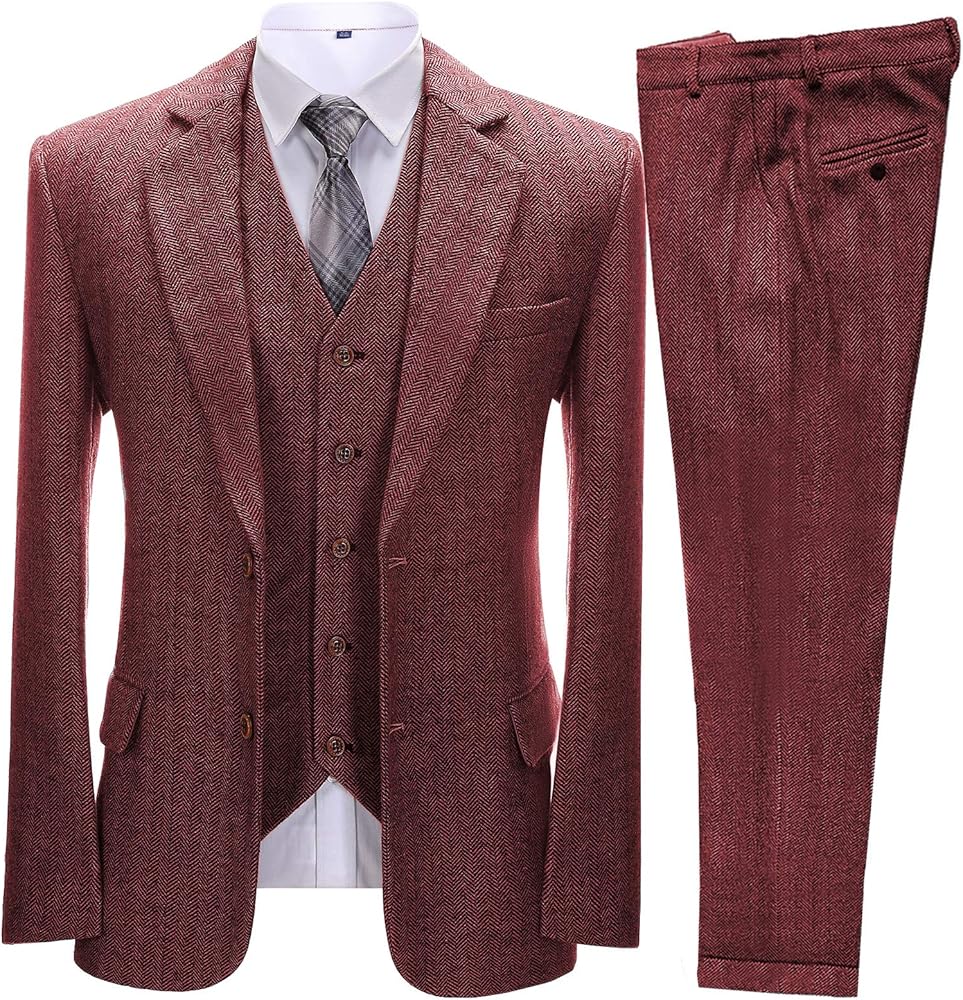 Men's Vintage Suits 3 Pieces Latest Coat Designs Herringbone Tweed Tuxedo Winter Wedding Suits (Blazer+Vest+Pants)