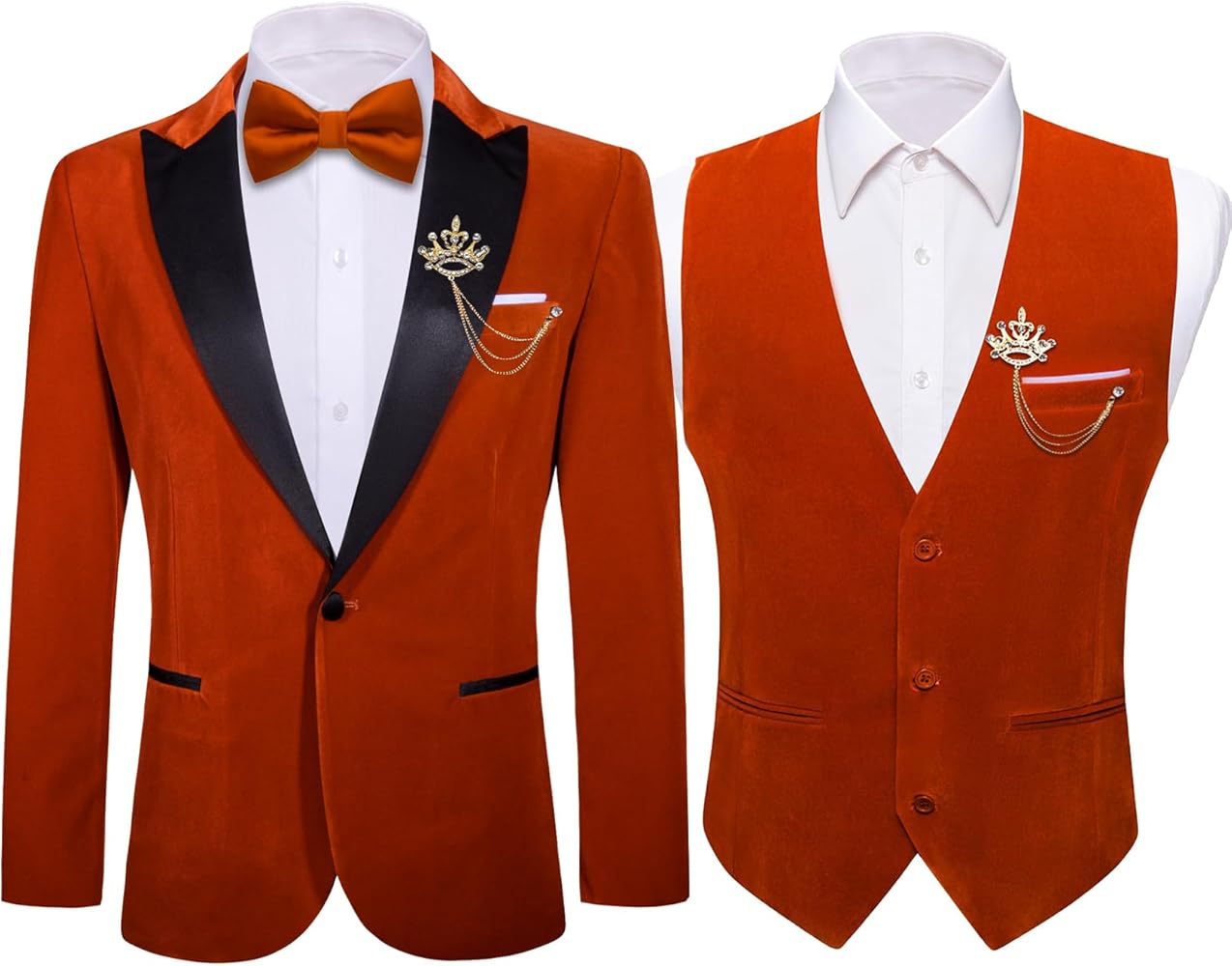 Barry.Wang Men's Velvet Suit Vest Blazer Orange Sport Coat Brooch Waistcoat Tuxedo Set for Prom Wedding Party Dinner Lightweight L