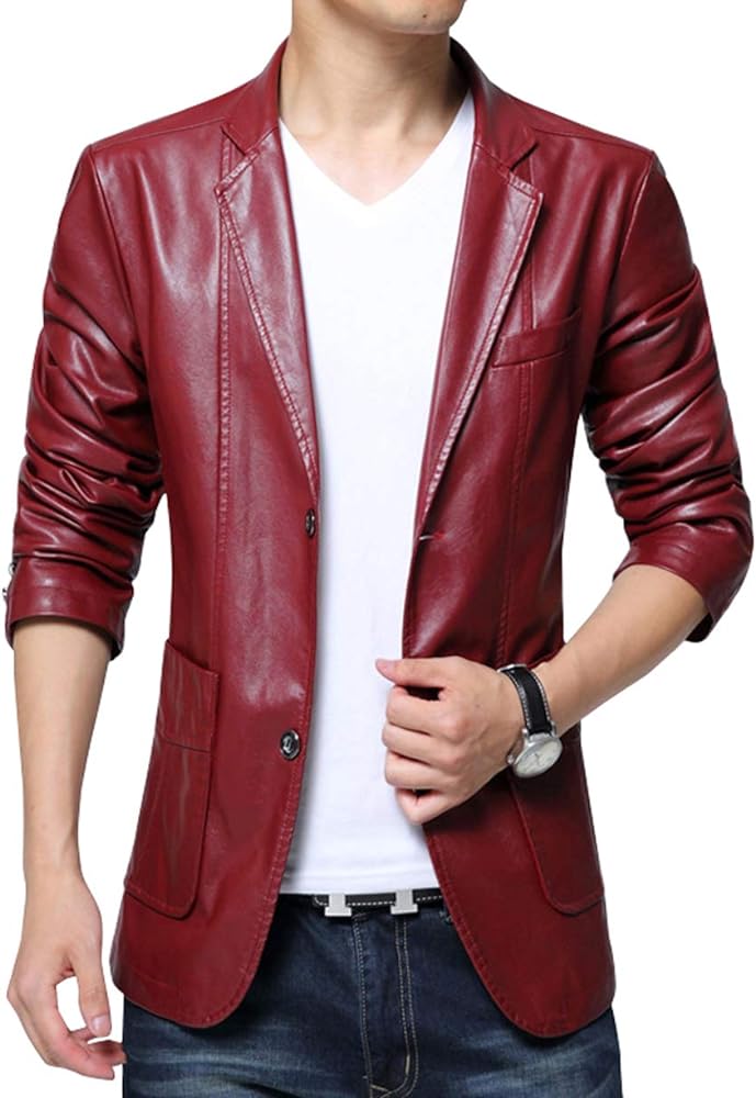 chouyatou Men's Stylish 2 Button Faux Leather Suit Blazer Jacket Sport Coat