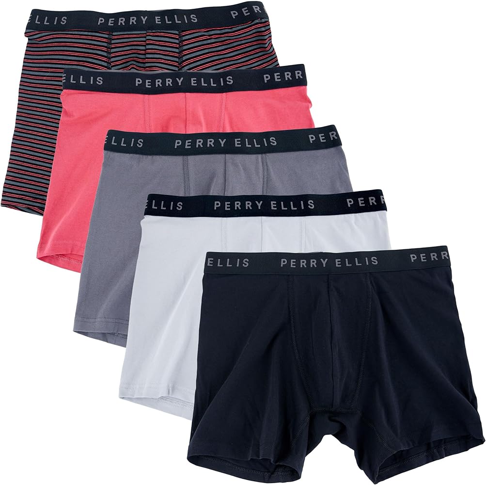 Perry Ellis Men's Cotton Stretch Boxer Briefs, Tagless, No Roll Waistband, 5 Pack