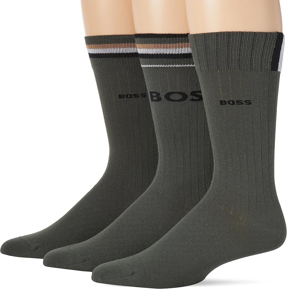 BOSS Men's 3-Pack Iconic Stripe Ribbed Cotton Socks