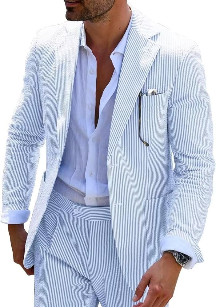 Mens Blue Seersucker Summer Suits Grooms Sear Sucker Suit for Wedding Mens Formal Suits Slim Fit
