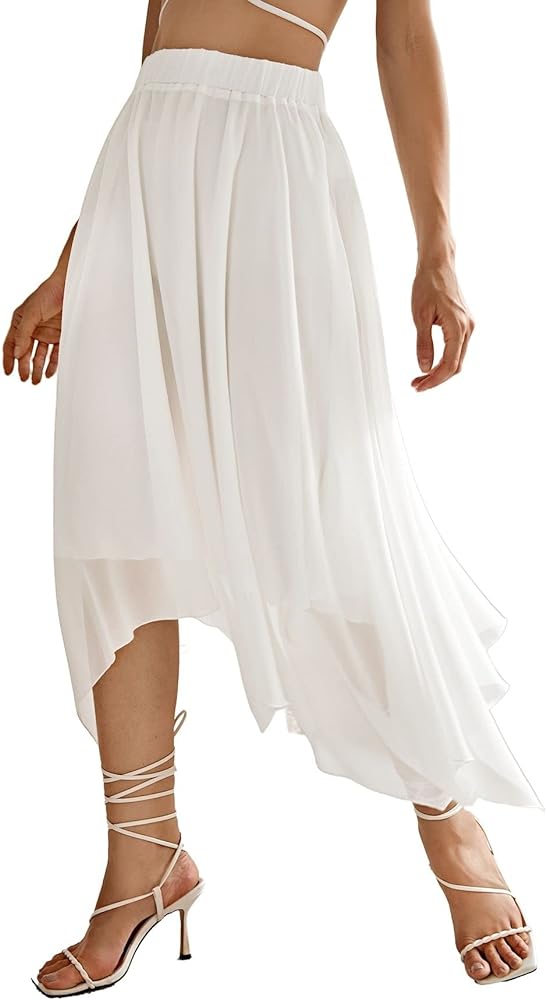 Verdusa Women's Asymmetrical Hem Elastic Waist Chiffon Flowy Long Skirt