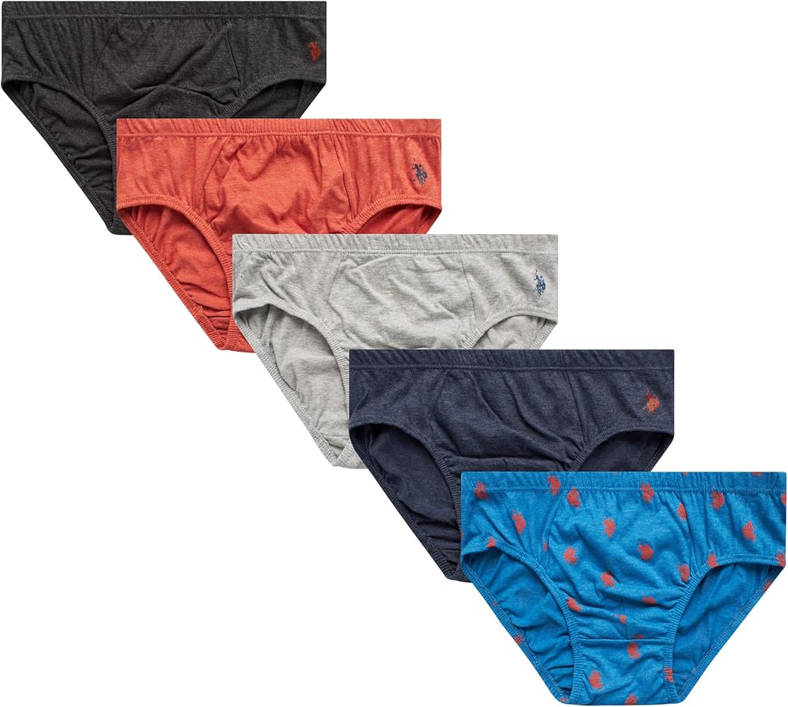 U.S. Polo Assn. Men's Underwear - Low Rise Briefs with Contour Pouch (5 Pack), Size Medium, Dark GreyBurnt OrangeHeather GreyDenimBlue Print