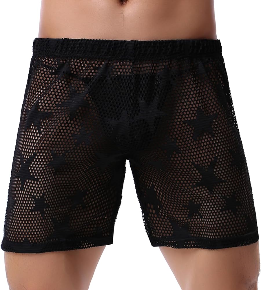 Evankin Mens Sexy Star Mesh Shorts See Through Fishnet Loose Shorts Sheer Lounge Underwear Boxer Trunks