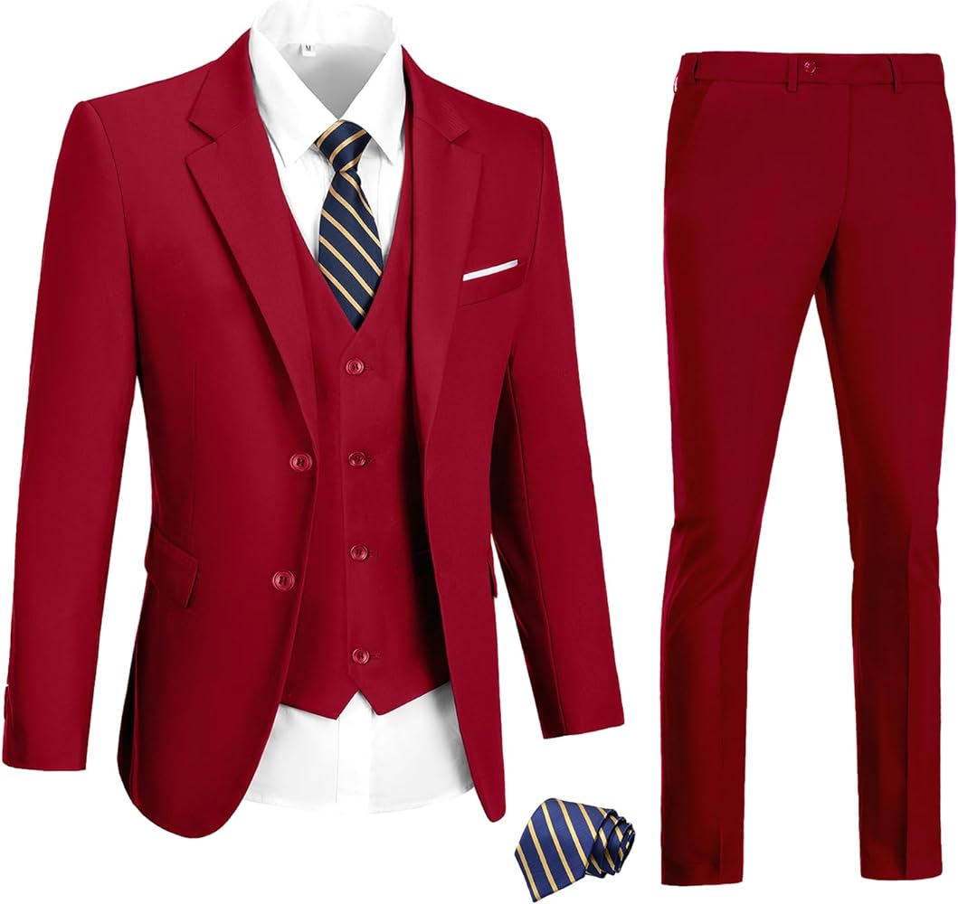 Mens Suits 3 Pieces 2 Button Slim Fit Suit Tuxedo Prom Formal Jacket Blazer Vest Pants with Tie