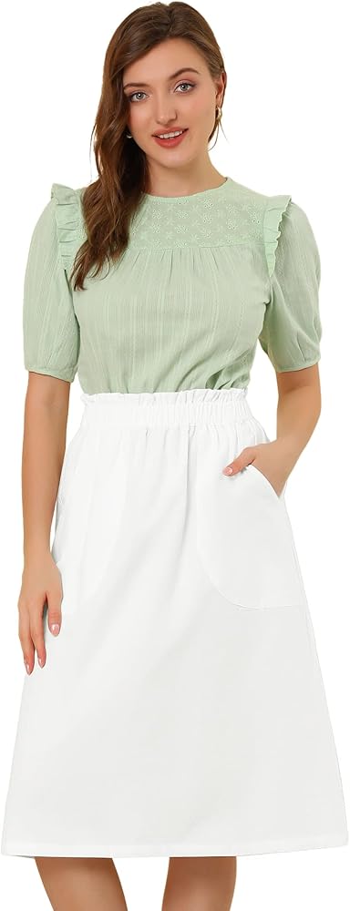 Allegra K Women's Casual Cotton Skirt Elastic Waist Scrub Peasant A-Line Midi Skirts with Pockets