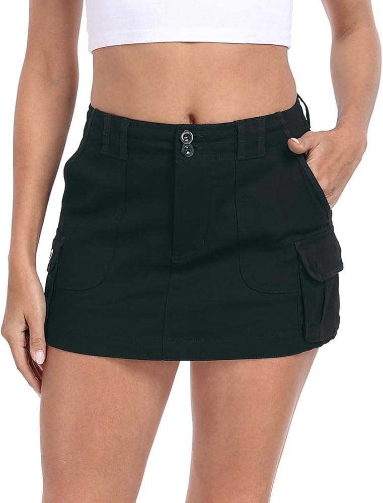 HDE Womens Micro Mini Cargo Skirt Mid Rise Y2K Button Utility Skirt with Pockets