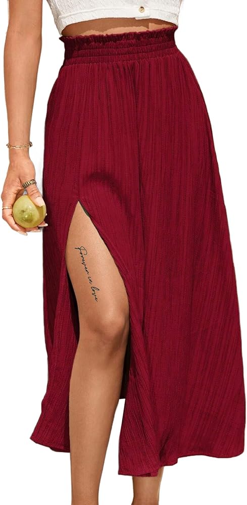 Avanova Women Slit Split Pleated Linen Midi Skirts High Waisted Flowy Skirts Red Small