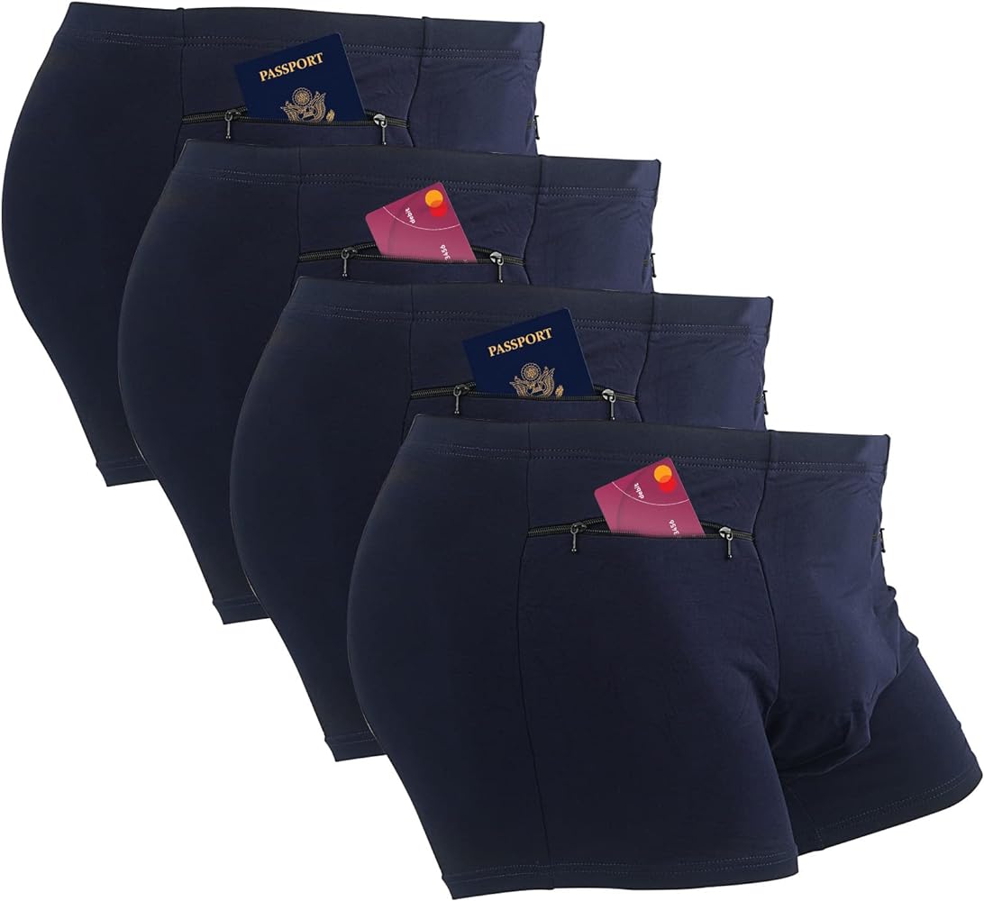 Pocket Underwear for Men with Secret Hidden Pocket, Travel Boxer Briefs, 4 Packs (Dark Blue)