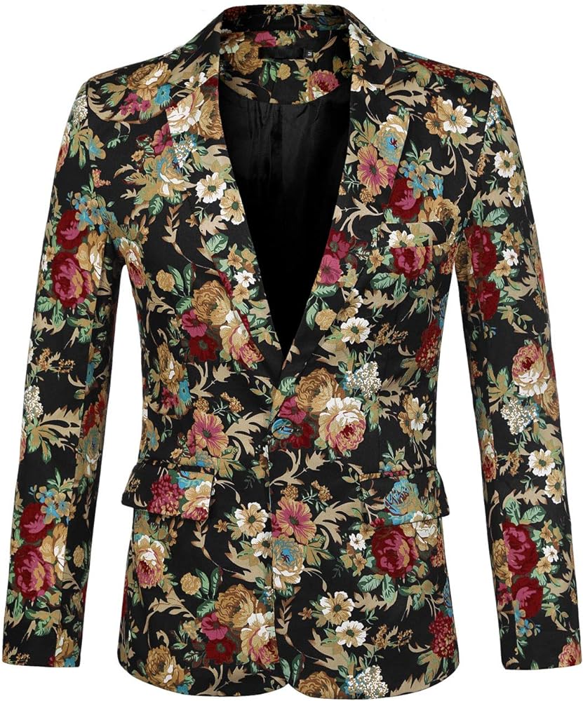 uxcell Men's Suit Blazer Slim Fit Floral Printed One Button Prom Jacket Sport Coat