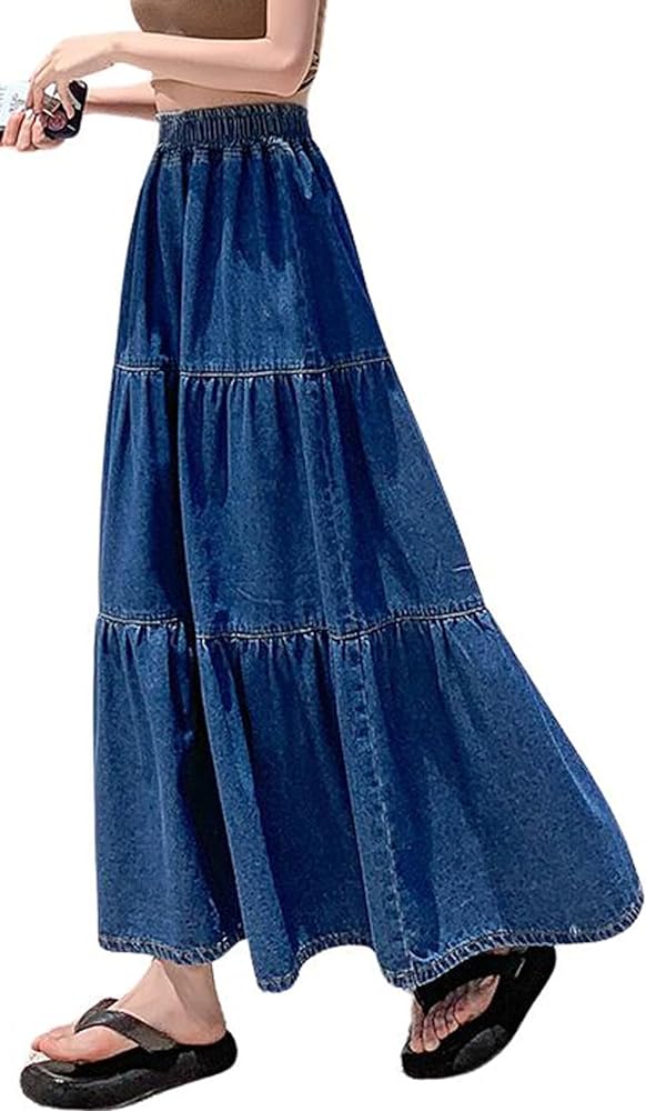 chouyatou Women's Spring High Elastic Waist Tiered Denim Skirt Summer A-Line Maxi Long Jean Skirt