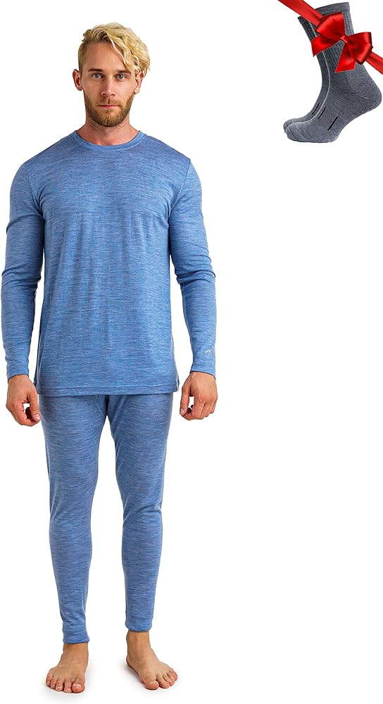 Merino.tech Merino Wool Base Layer Mens Set - Lightweight Merino Wool Thermal Underwear For Men Top, Bottom (Large, 165 Deep Blue)