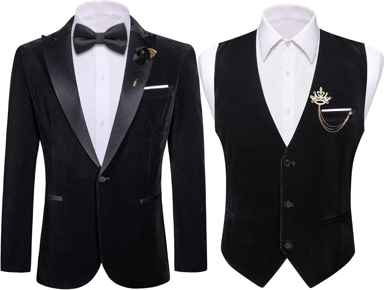 Barry.Wang Men's Velvet Suit Vest Blazer Black Sport Coat Brooch Waistcoat Tuxedo Set for Prom Wedding Party Dinner Lightweight S