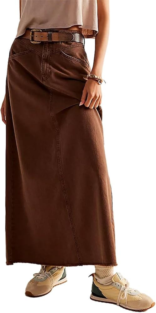 Alyweatry Women Trendy Denim Maxi Skirt High Waist A-Line Frayed Hem Loose Long Jean Skirt OOTD Streetwear