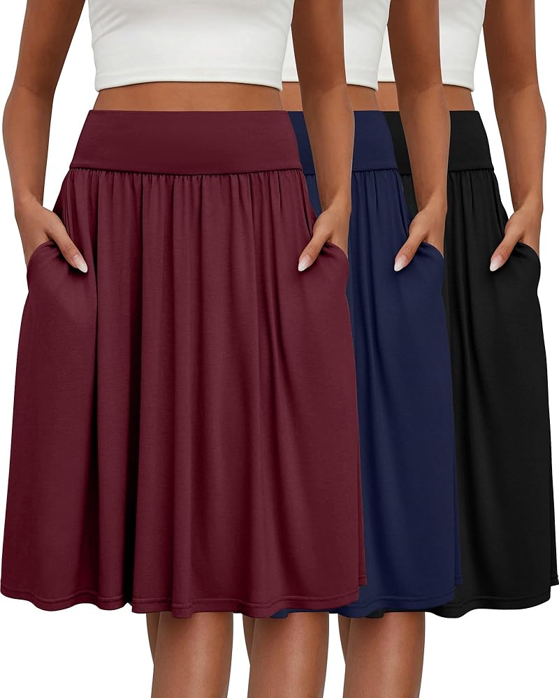 3 Pcs Skirts for Women Knee Length Skirt with Pockets Casual Ruched Flowy Midi Skirt