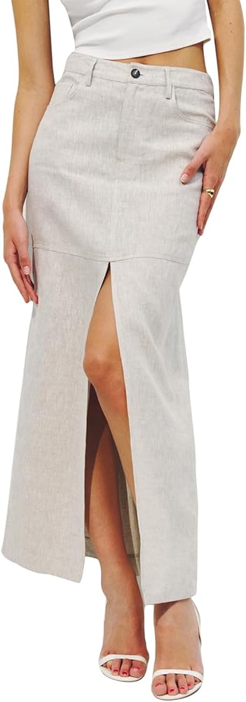 IDEALSANXUN Womens Linen Skirts 2024 Spring Summer Low Rise Long Slit Skirt