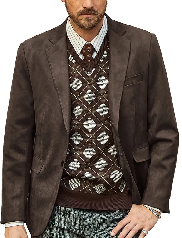 PJ PAUL JONES Mens Blazer Jacket Faux Leather Suit Jacket Casual 2 Buttons Suede Sport Blazer Coat with Pockets