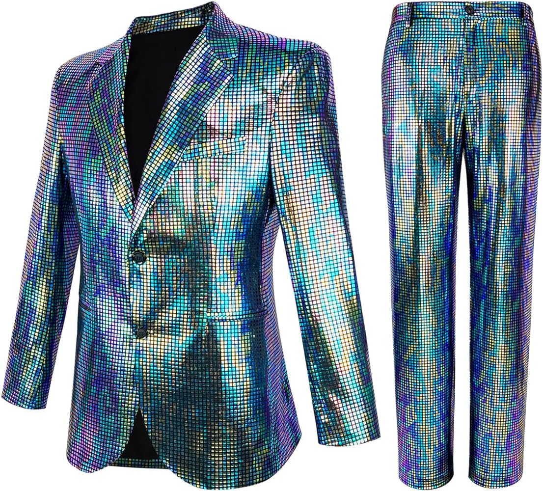 Sequin Blazer Metallic Slim Suit 2 Piece Set Disco Prom Shiny Outfit Wedding Party Banquet Fashion Jacket Pant