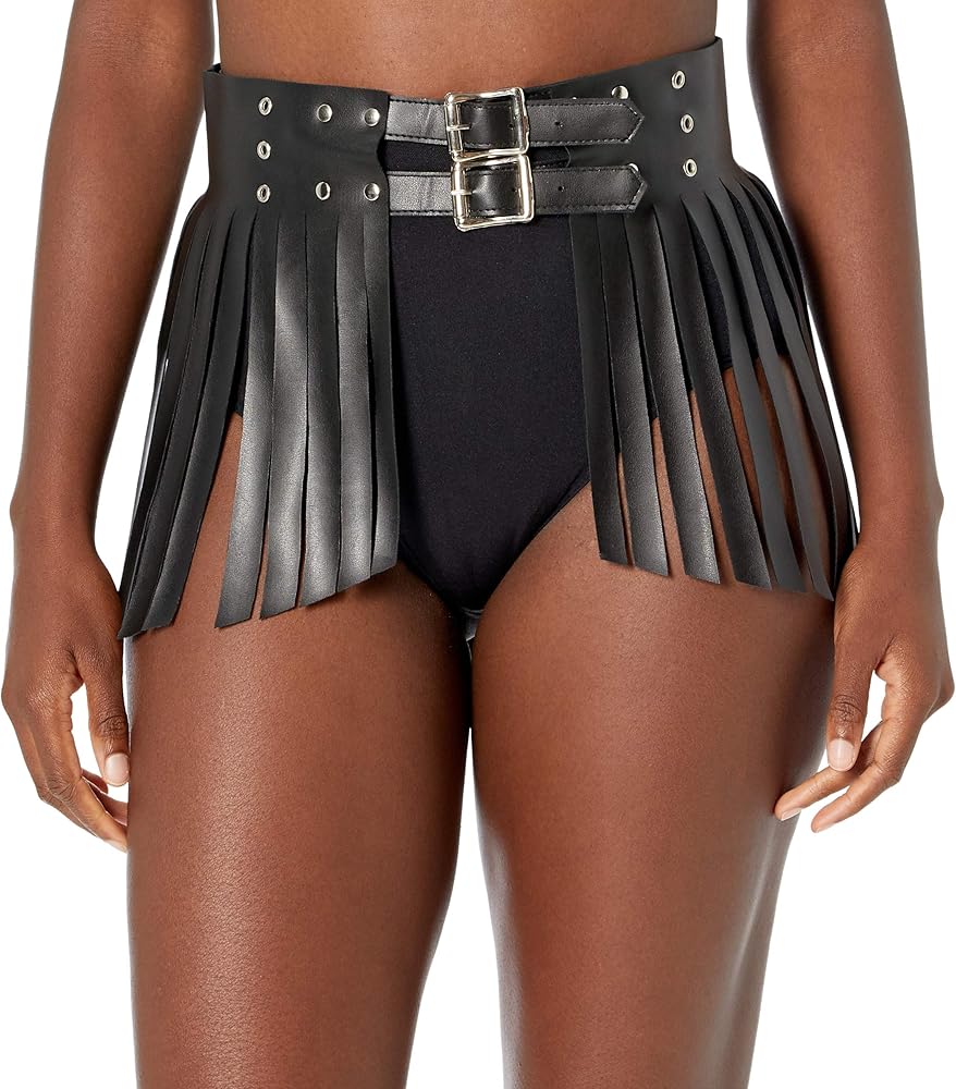 Daisy corsets Women's Black Vegan Leather Fringe Mini Skirt