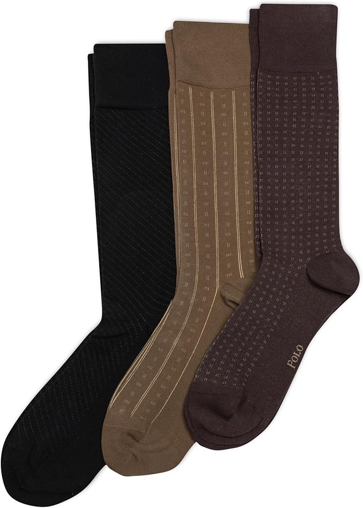POLO RALPH LAUREN Men's Assorted Pattern Dress Crew Socks-3 Pair Pack-Soft and Lightweight Cotton Comfort