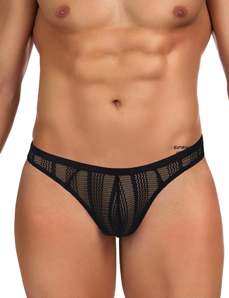comeondear Men's Mesh Hollow Briefs Underwear - Sexy Low Rise Bikini Sheer Thongs Pouch Briefs Breathable Elastic