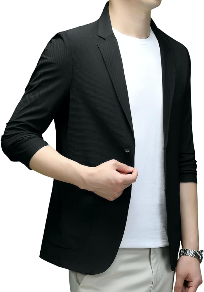 Mens Blazer Ice Silk Men Suit Sport Coat Lightweight Business Casual Blazers 2 Buttons Travel Spring Summer Jackets(Black,S)
