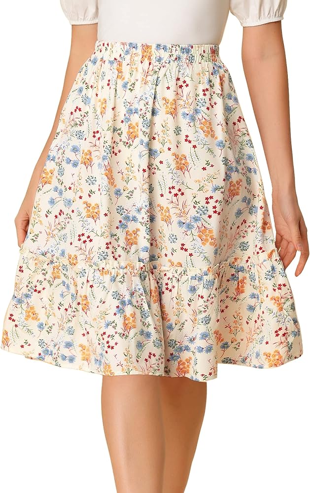 Allegra K Women's A-Line Ruffle Elastic Waist Flowy Tiered Floral Knee Length Skirt
