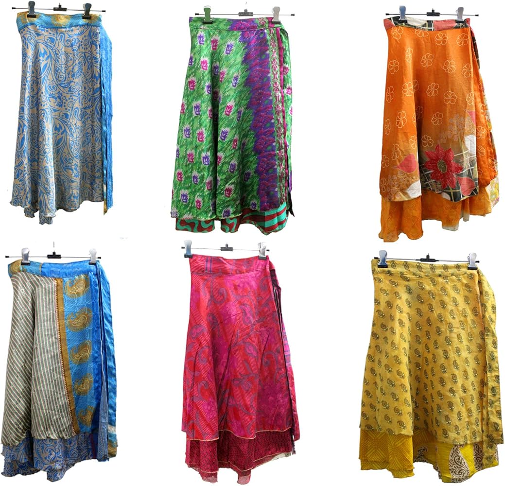 Recycled Silk Sari Wrap Around Skirts Wholesale Lots Assorted Colors