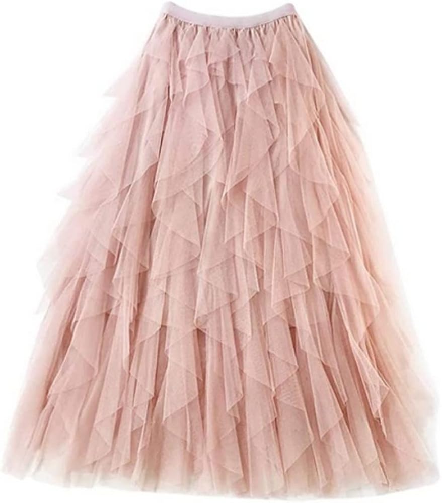 Women Tulle Skirt Slim A-line Fluffy Dress Elastic Waist Tutu Mesh Cake Long Skirt Apricot Skirt
