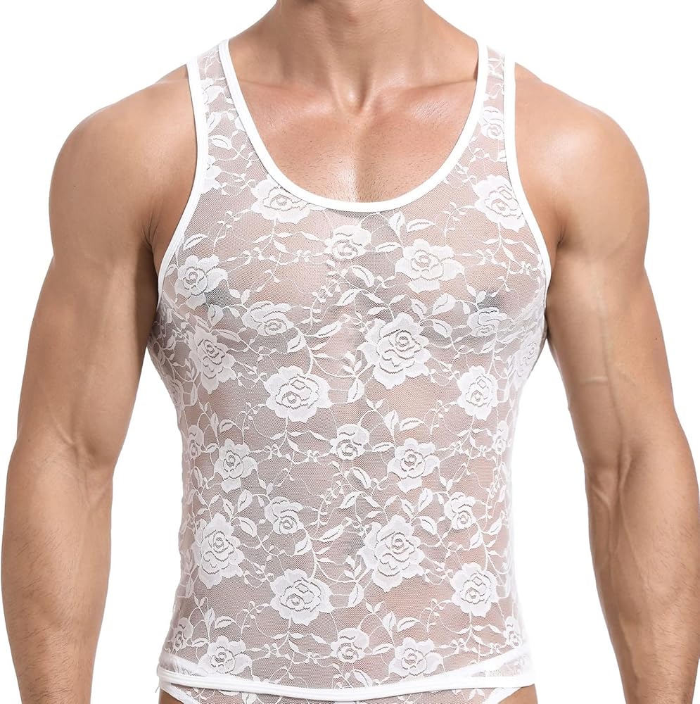 Mens Lace Shirt Mens Sheer Shirt Mesh Lace Tanks Top Sleeveless Lace Shirt for Men Sissy Underwear for Men