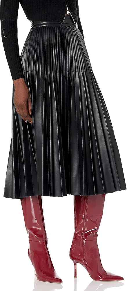 BCBGMAXAZRIA Women's Faux Leather Pleated Skirt with Back Zipper