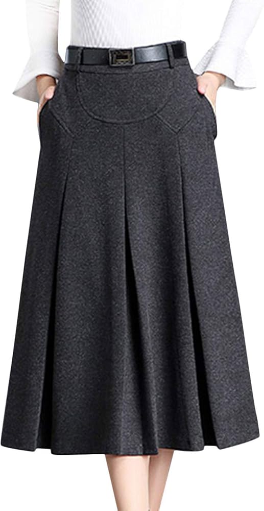 Tanming Womens Winter High Waist A-Line Pleated Wool Midi Skirt with Belt Loops